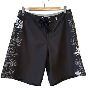 Vintage Quiksilver Edition Board Shorts 32 Black Silver Floral Embroidered Y2K